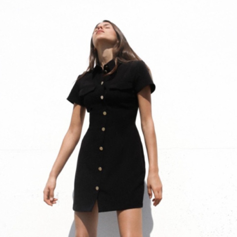 Zara NWT black faux button up dress short sleeve gold buttons size Large